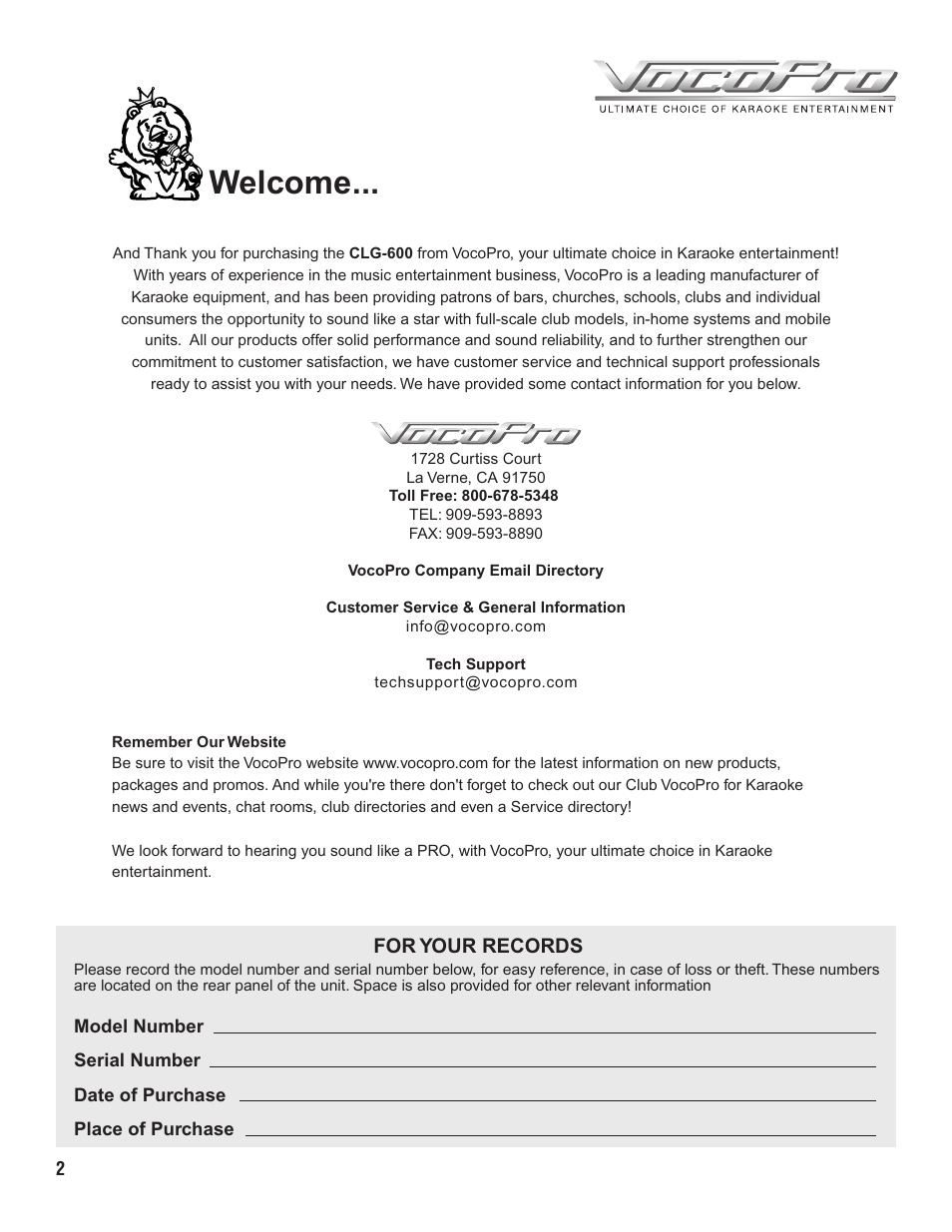 Pg 02 welcome.pdf, Welcome | VocoPro CLG-600 User Manual | Page 3 / 16