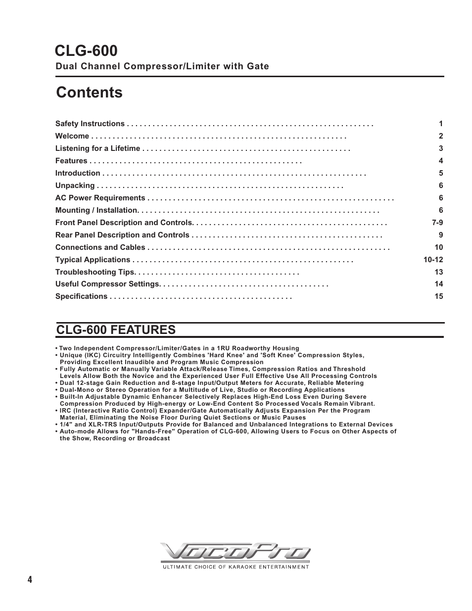 Pg 04 table of contents.pdf, Clg-600 contents, Clg-600 features | VocoPro CLG-600 User Manual | Page 5 / 16