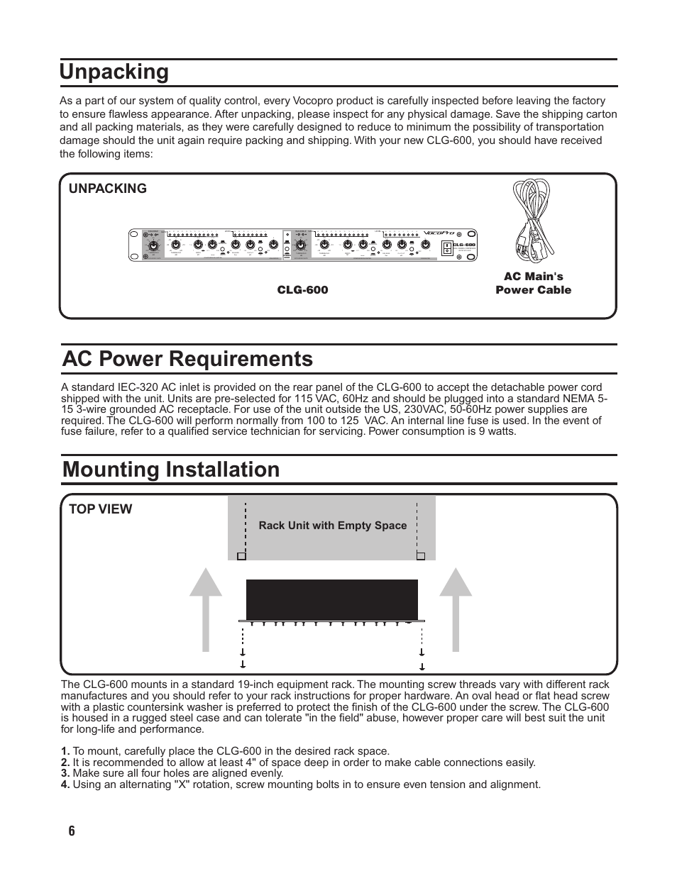 Pg 06 unpacking and mounting.pdf, Unpacking, Ac power requirements | Mounting installation, Top view unpacking | VocoPro CLG-600 User Manual | Page 7 / 16