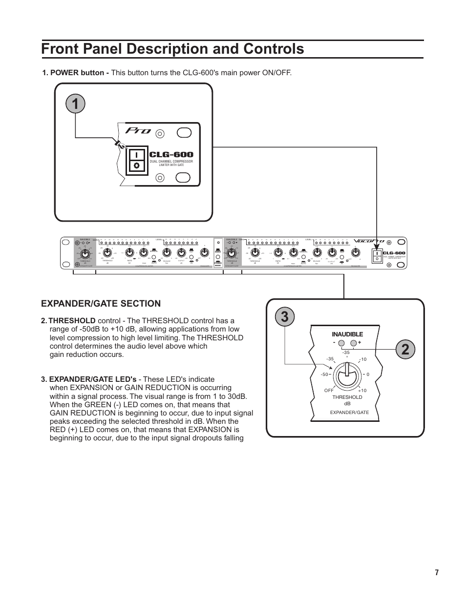 Pg 07 front panel controls.pdf, Front panel description and controls, Clg-600 | Inaudible, Threshold db | VocoPro CLG-600 User Manual | Page 8 / 16