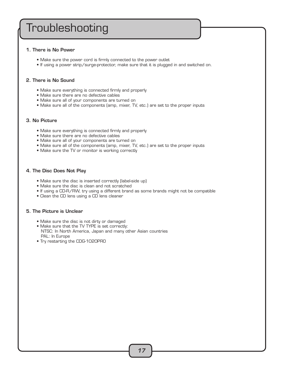 Troubleshooting | VocoPro CDG-1020PRO User Manual | Page 17 / 20