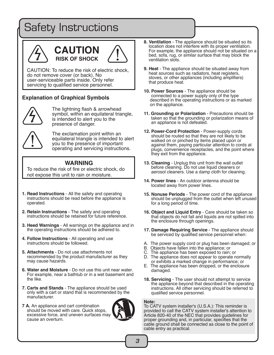 Safety instructions, Caution, Warning | VocoPro CDG-1020PRO User Manual | Page 3 / 20