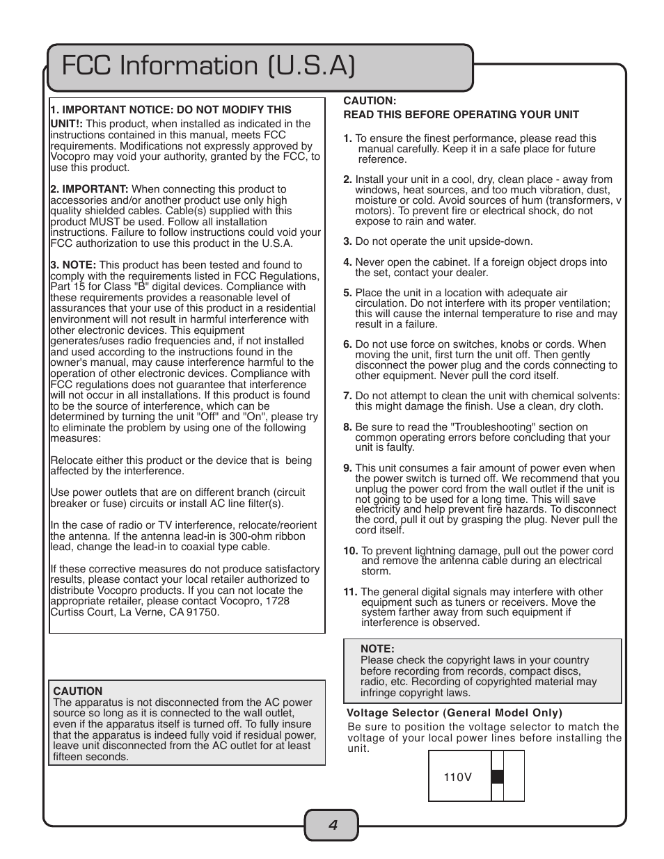 Fcc information (u.s.a) | VocoPro CDG-1020PRO User Manual | Page 4 / 20