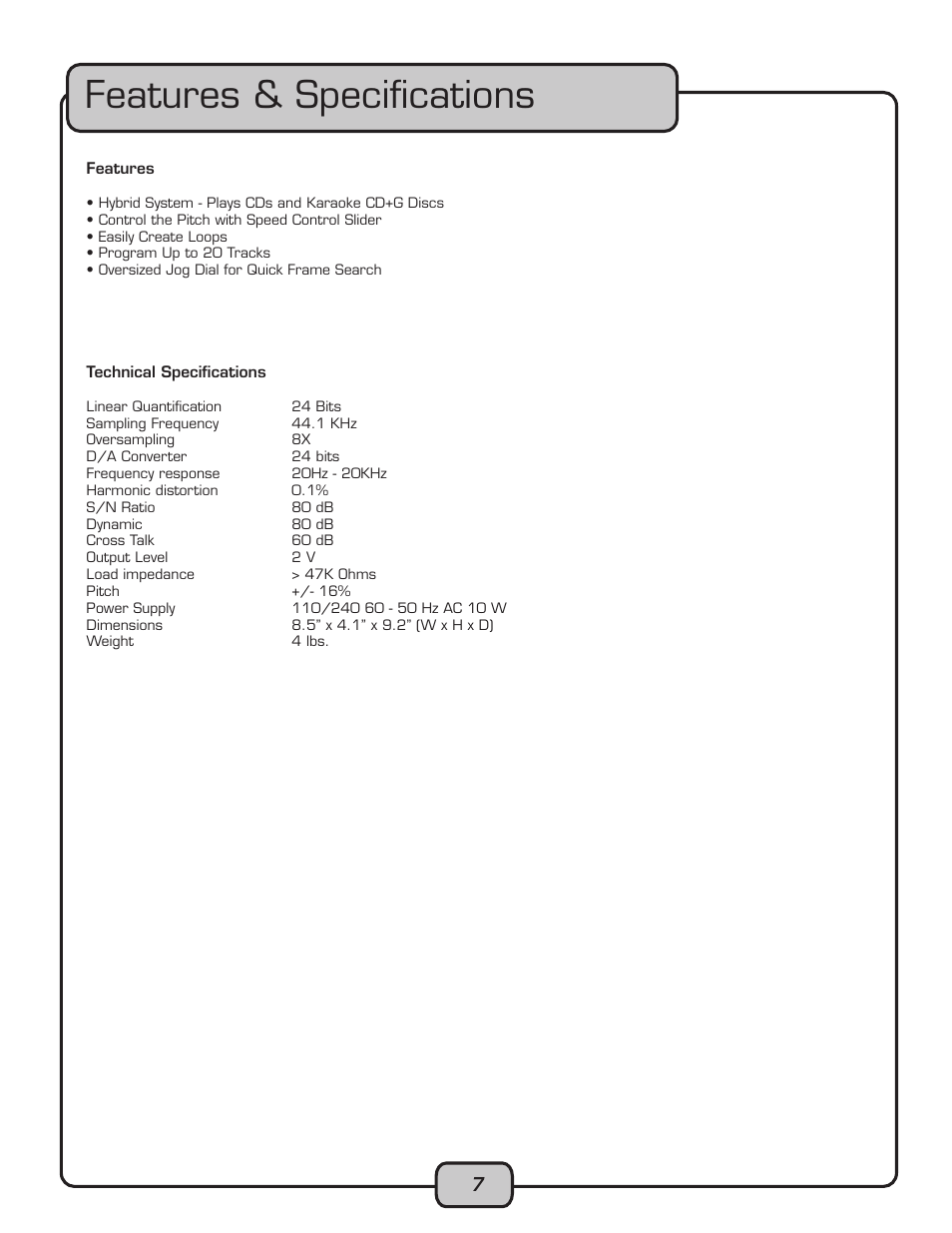 Features & speciﬁcations | VocoPro CDG-1020PRO User Manual | Page 7 / 20