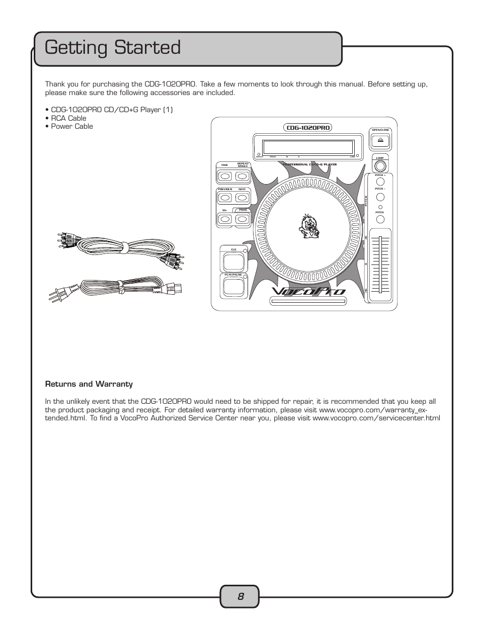 Getting started, Returns and warranty | VocoPro CDG-1020PRO User Manual | Page 8 / 20