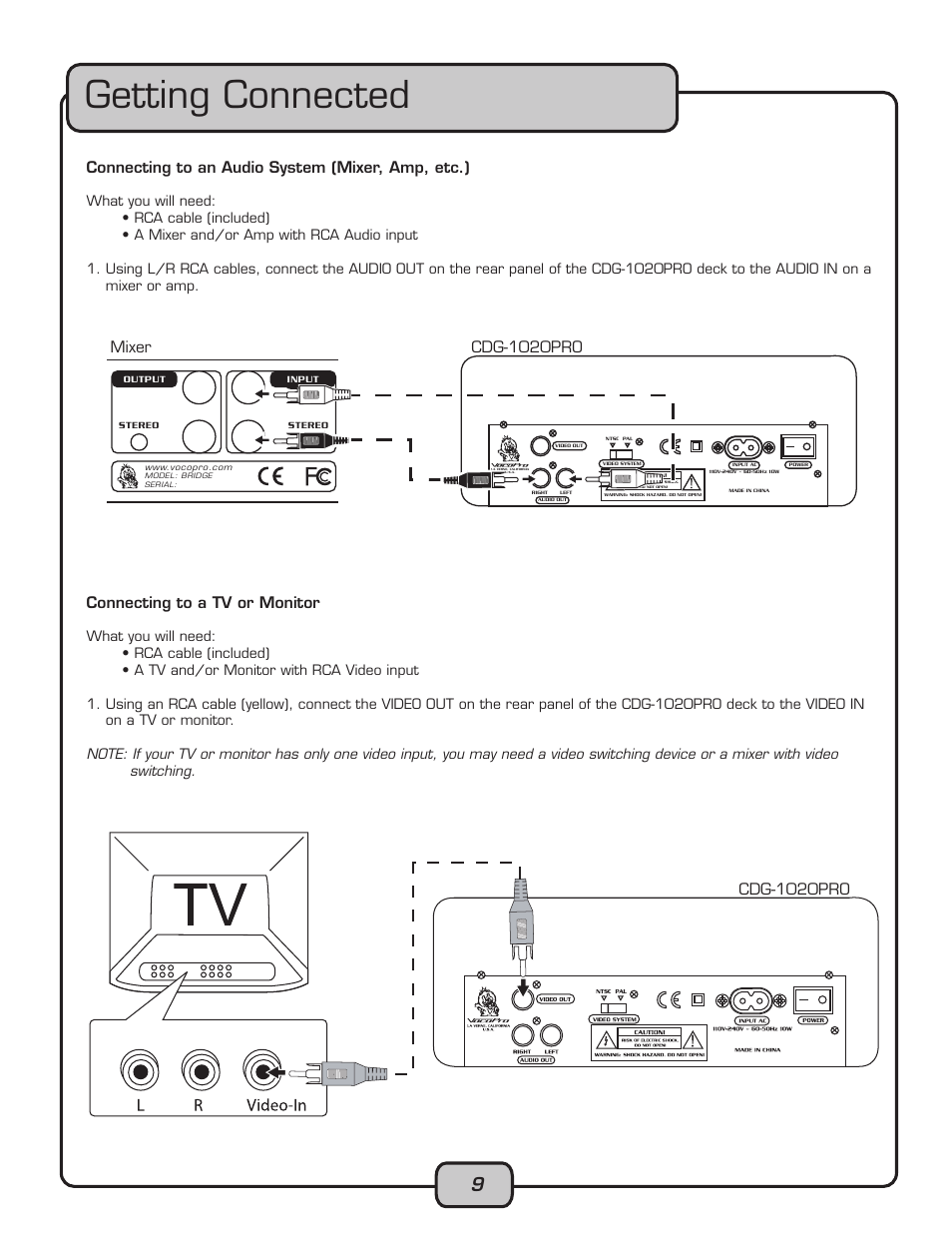 Getting connected, Connecting to an audio system (mixer, amp, etc.), Connecting to a tv or monitor | VocoPro CDG-1020PRO User Manual | Page 9 / 20