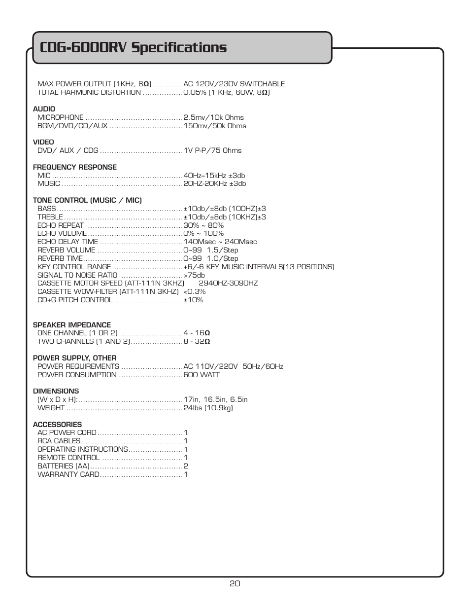 Cdg-6000rv speciﬁ cations | VocoPro CDG-6000RV User Manual | Page 21 / 24