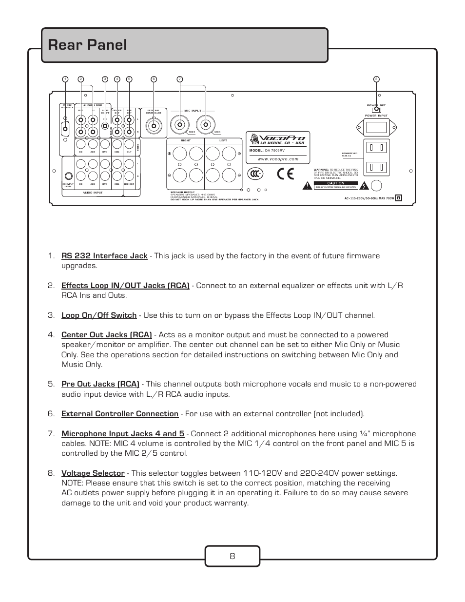 Rear panel | VocoPro DA-7909RV User Manual | Page 10 / 28