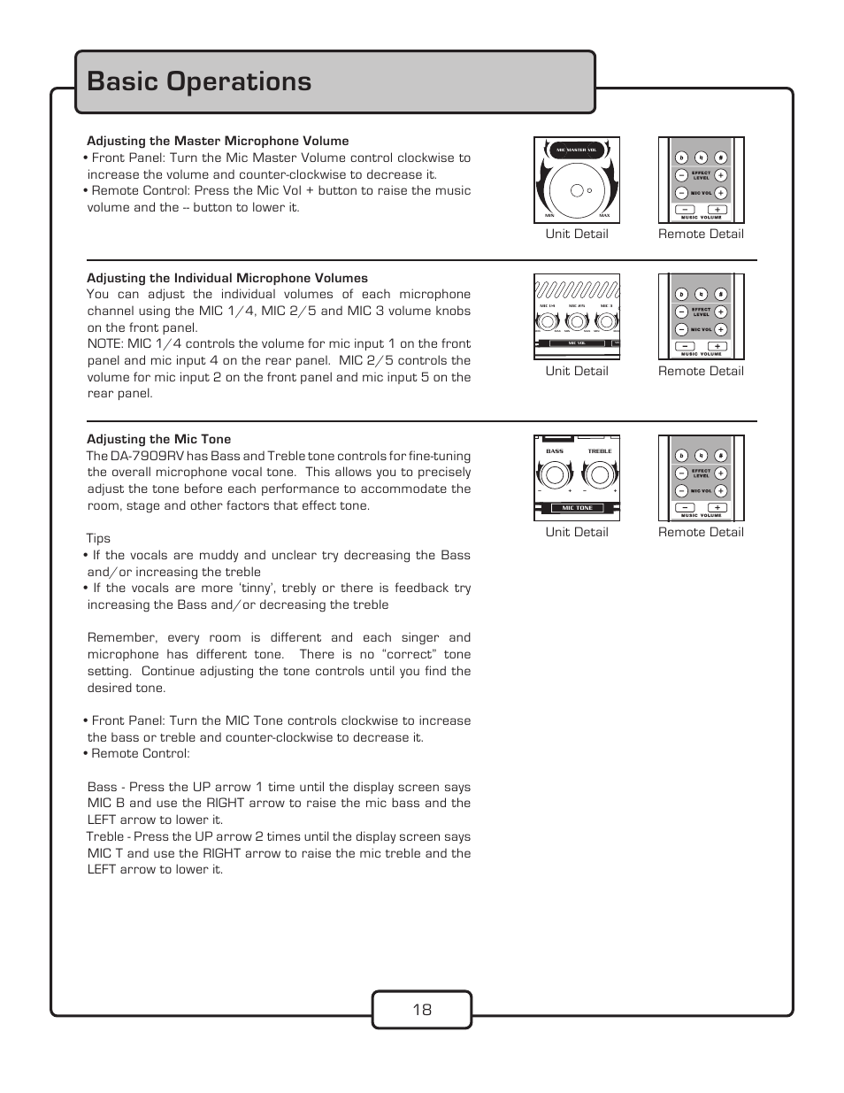 Basic operations, Unit detail remote detail, Unit detail | VocoPro DA-7909RV User Manual | Page 20 / 28