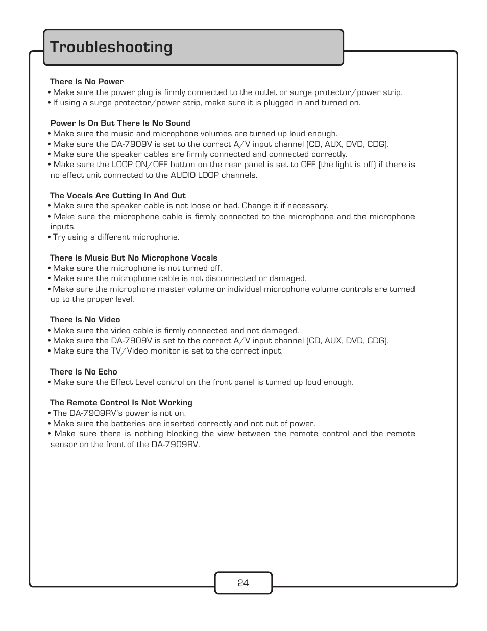 Troubleshooting | VocoPro DA-7909RV User Manual | Page 26 / 28
