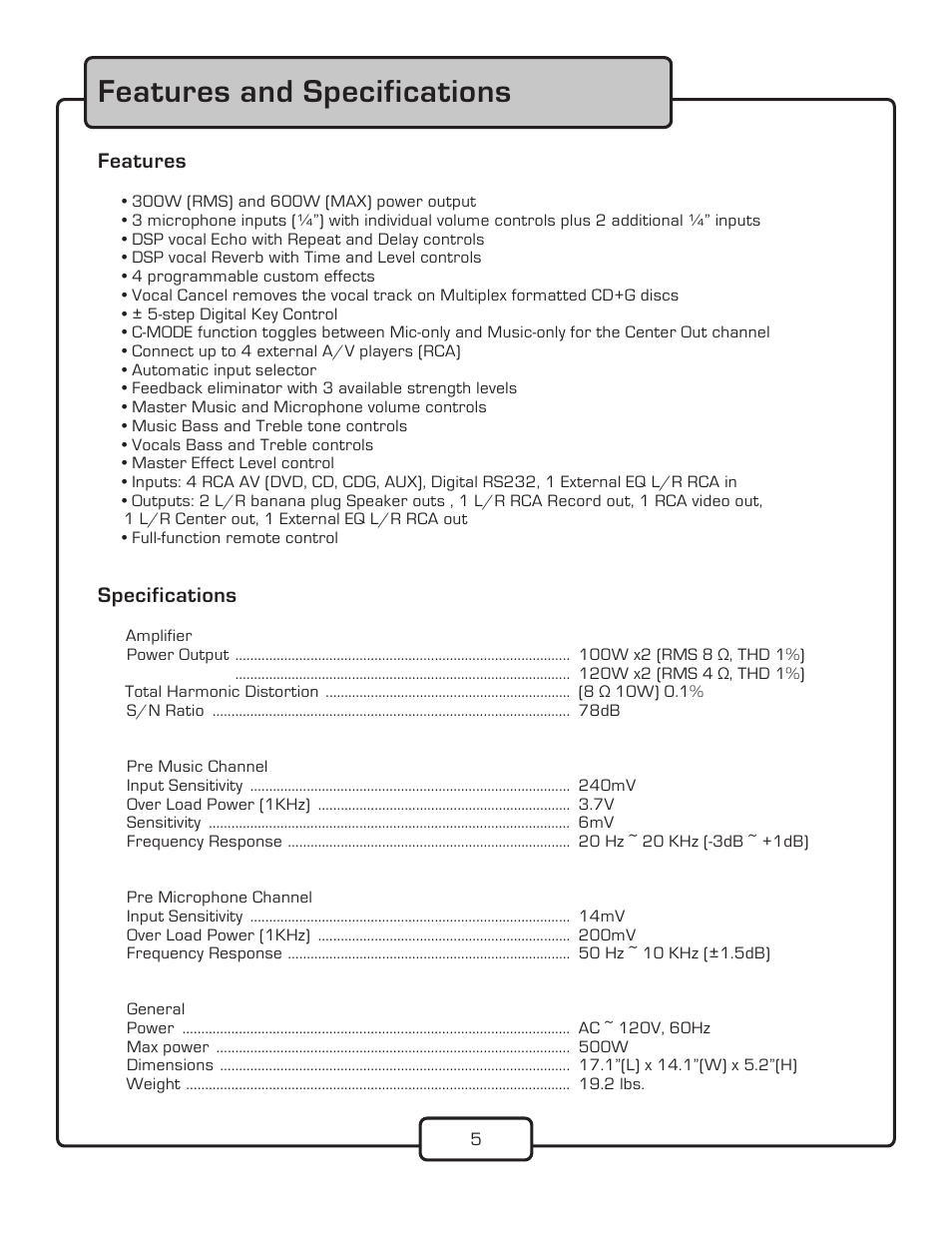 Features and specifications | VocoPro DA-7909RV User Manual | Page 7 / 28