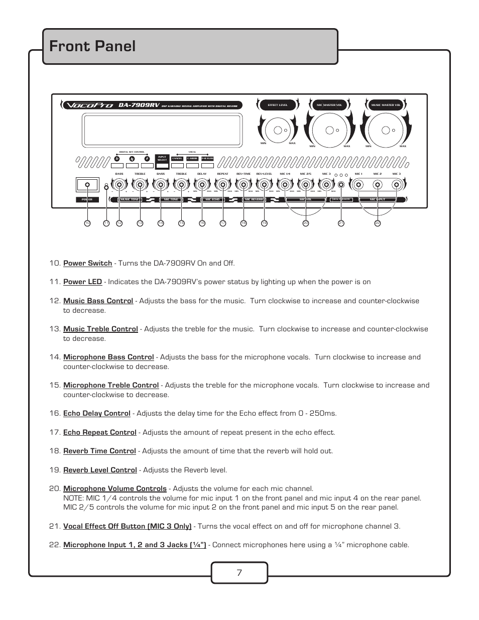 Front panel | VocoPro DA-7909RV User Manual | Page 9 / 28