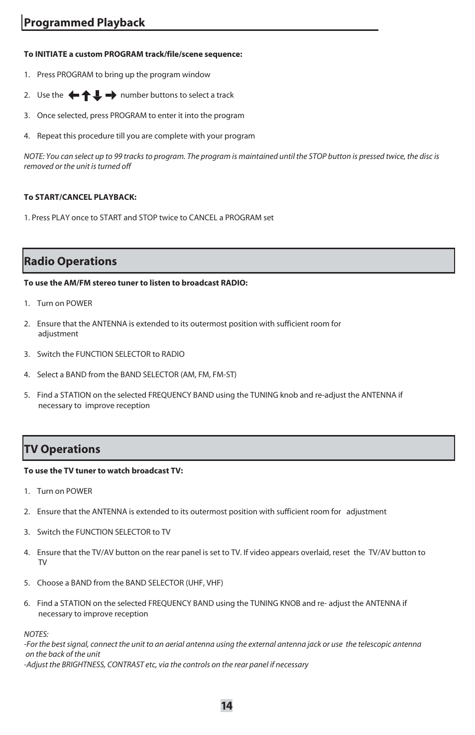 Programmed playback, Radio operations, Tv operations | VocoPro ORANGE-300 User Manual | Page 15 / 24