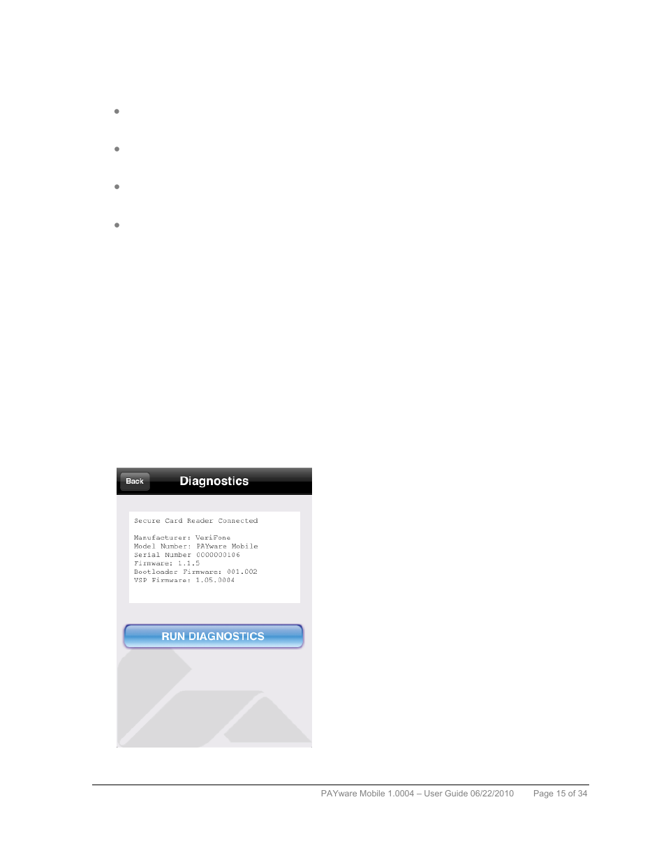 Secure card reader diagnostics, Secure card reader diagnostics 15, Firmware updates | VeriFone PAYWARE MOBILE 1.0004 User Manual | Page 16 / 34