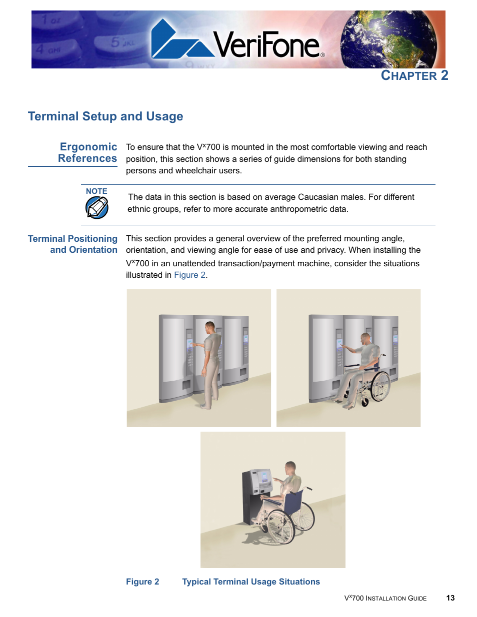 Terminal setup and usage, Ergonomic references, Terminal positioning and orientation | H a p t e r, Terminal setup and, Usage, Chapter 2, Explains h, Hapter | VeriFone Vx700 User Manual | Page 13 / 40