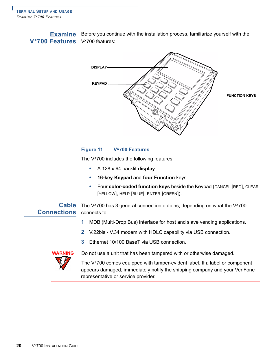 Examine vx700 features, Cable connections, Examine v | 700 features | VeriFone Vx700 User Manual | Page 20 / 40