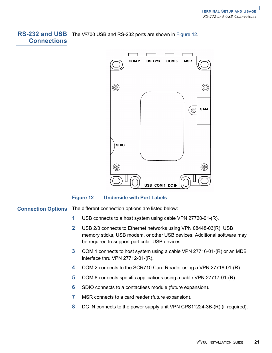 Rs-232 and usb connections, Connection options | VeriFone Vx700 User Manual | Page 21 / 40