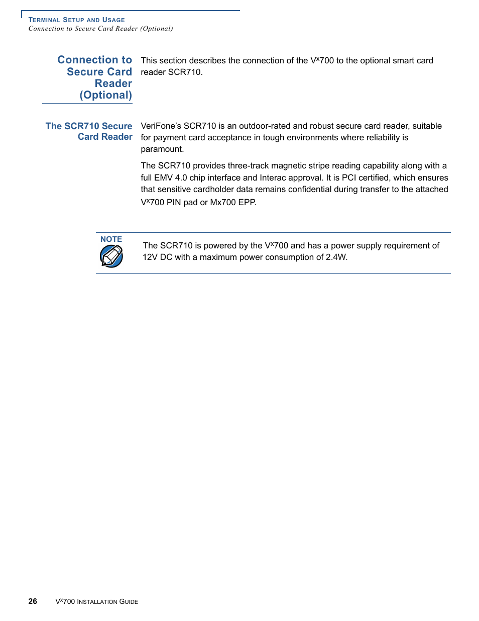 Connection to secure card reader (optional), The scr710 secure card reader | VeriFone Vx700 User Manual | Page 26 / 40