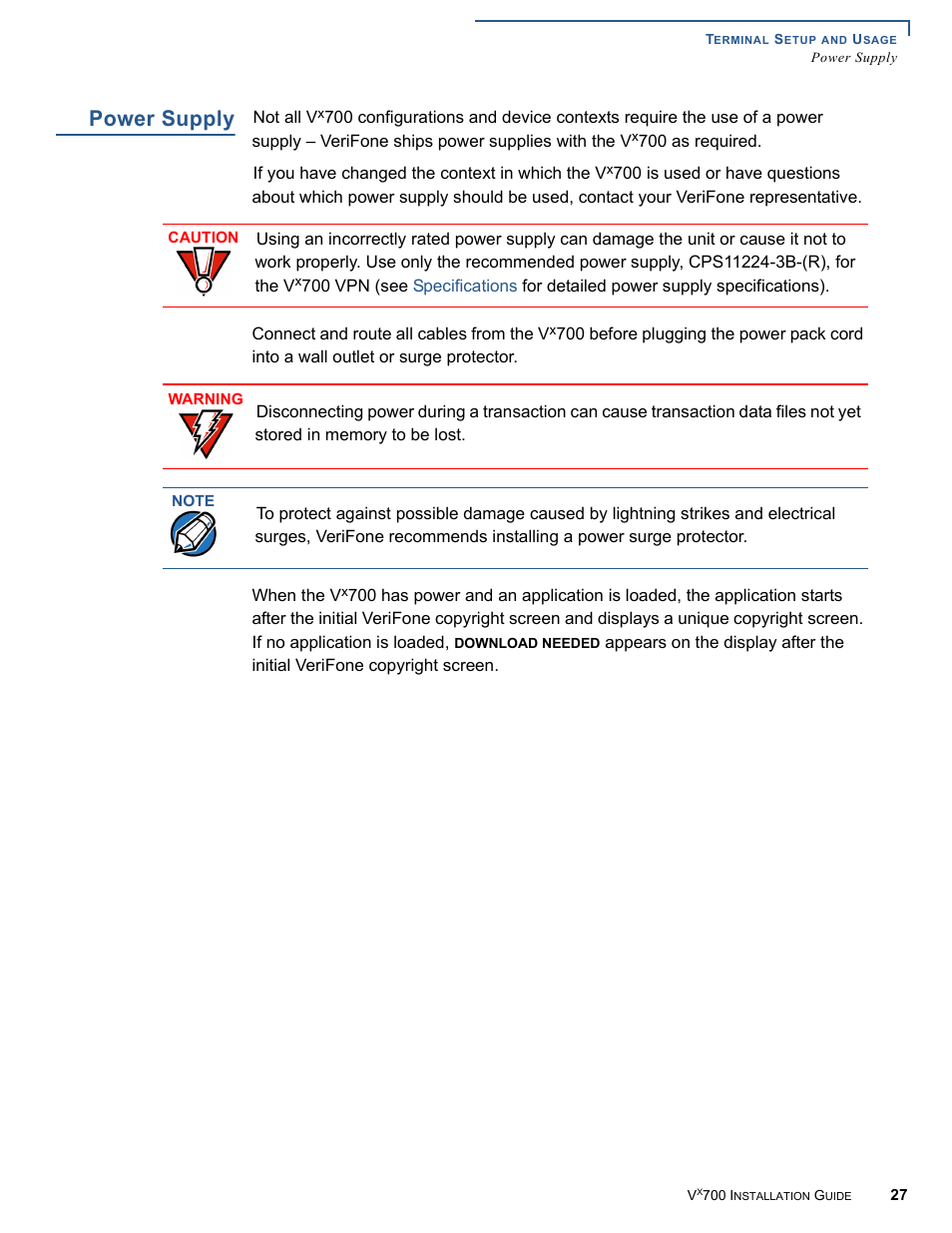 Power supply | VeriFone Vx700 User Manual | Page 27 / 40