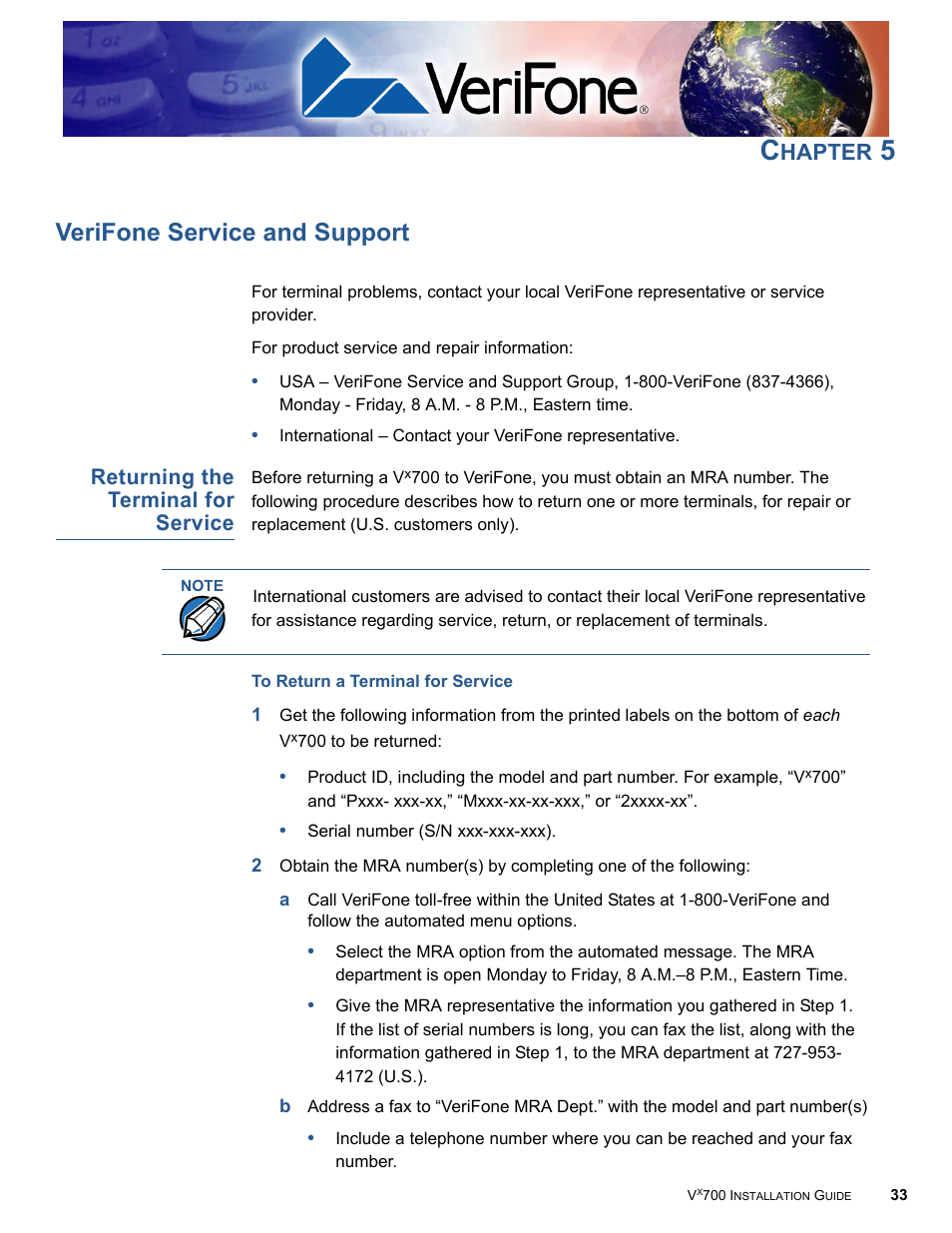 Verifone service and support, Returning the terminal for service, H a p t e r | Verifone service, And support, Chapter 5, Hapter | VeriFone Vx700 User Manual | Page 33 / 40