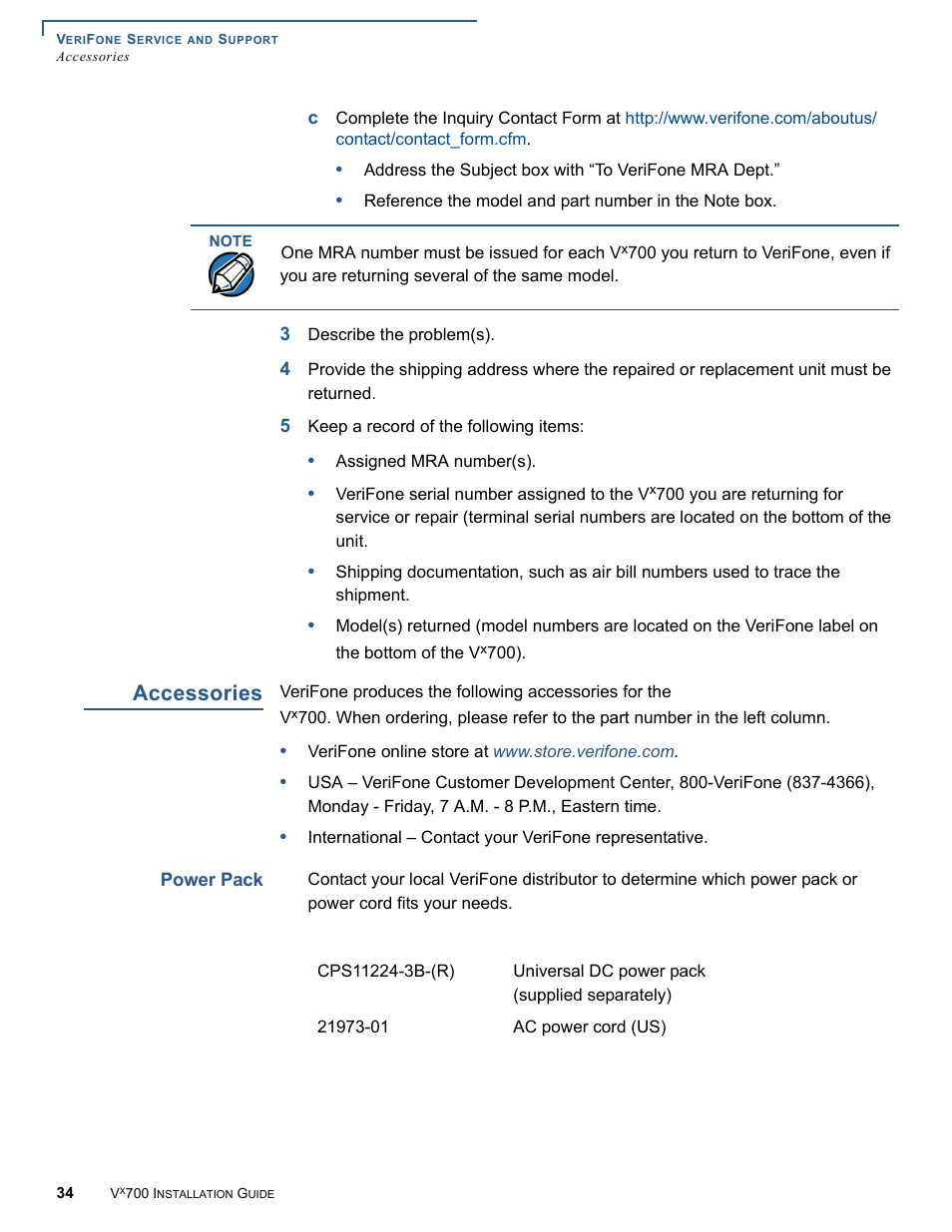 Accessories, Power pack | VeriFone Vx700 User Manual | Page 34 / 40