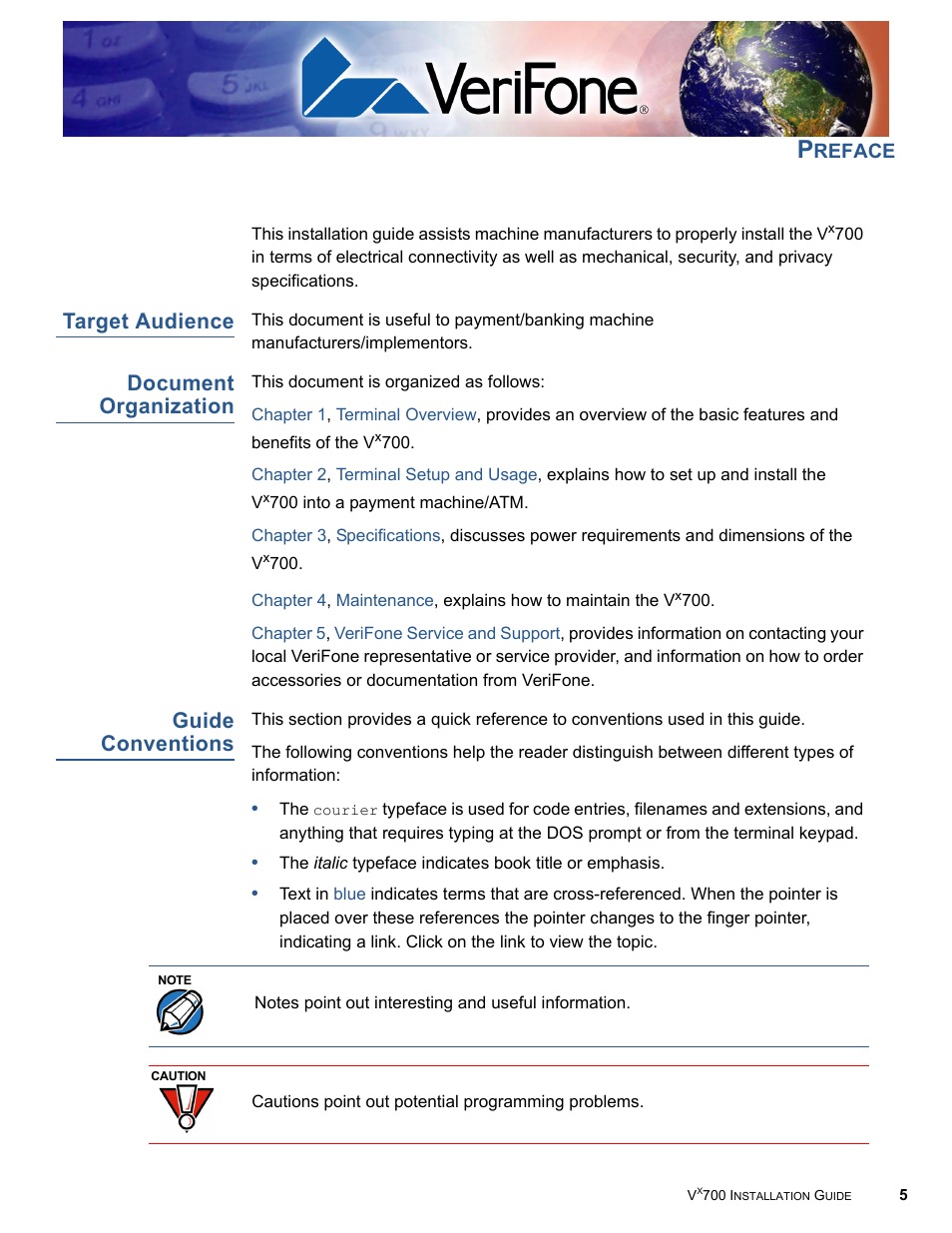 Preface, Target audience, Document organization | Guide conventions, R e f a c e | VeriFone Vx700 User Manual | Page 5 / 40