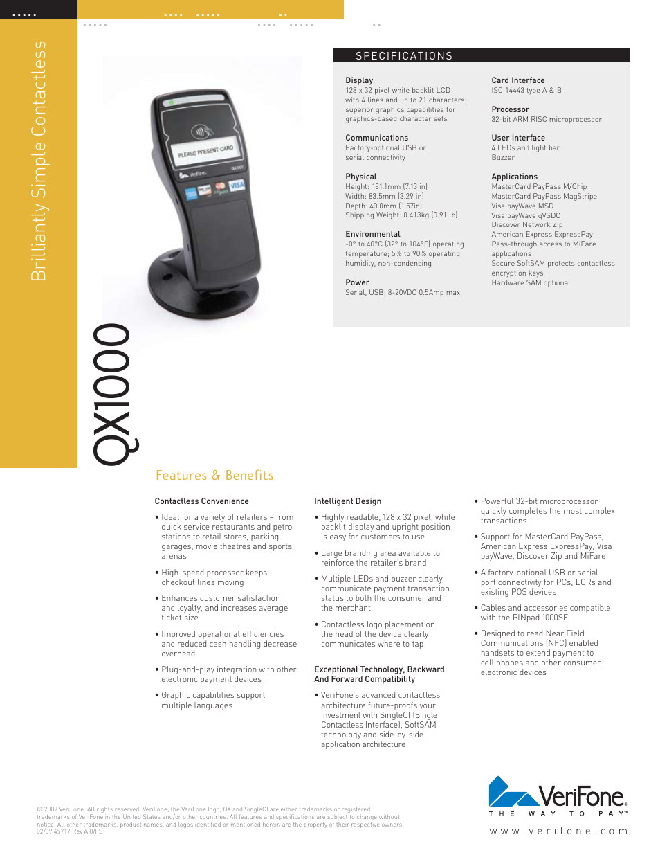 Qx 100 0, Bri llian tly s im ple c on ta ct le ss, Features & benefits | VeriFone QX1000 User Manual | Page 2 / 2