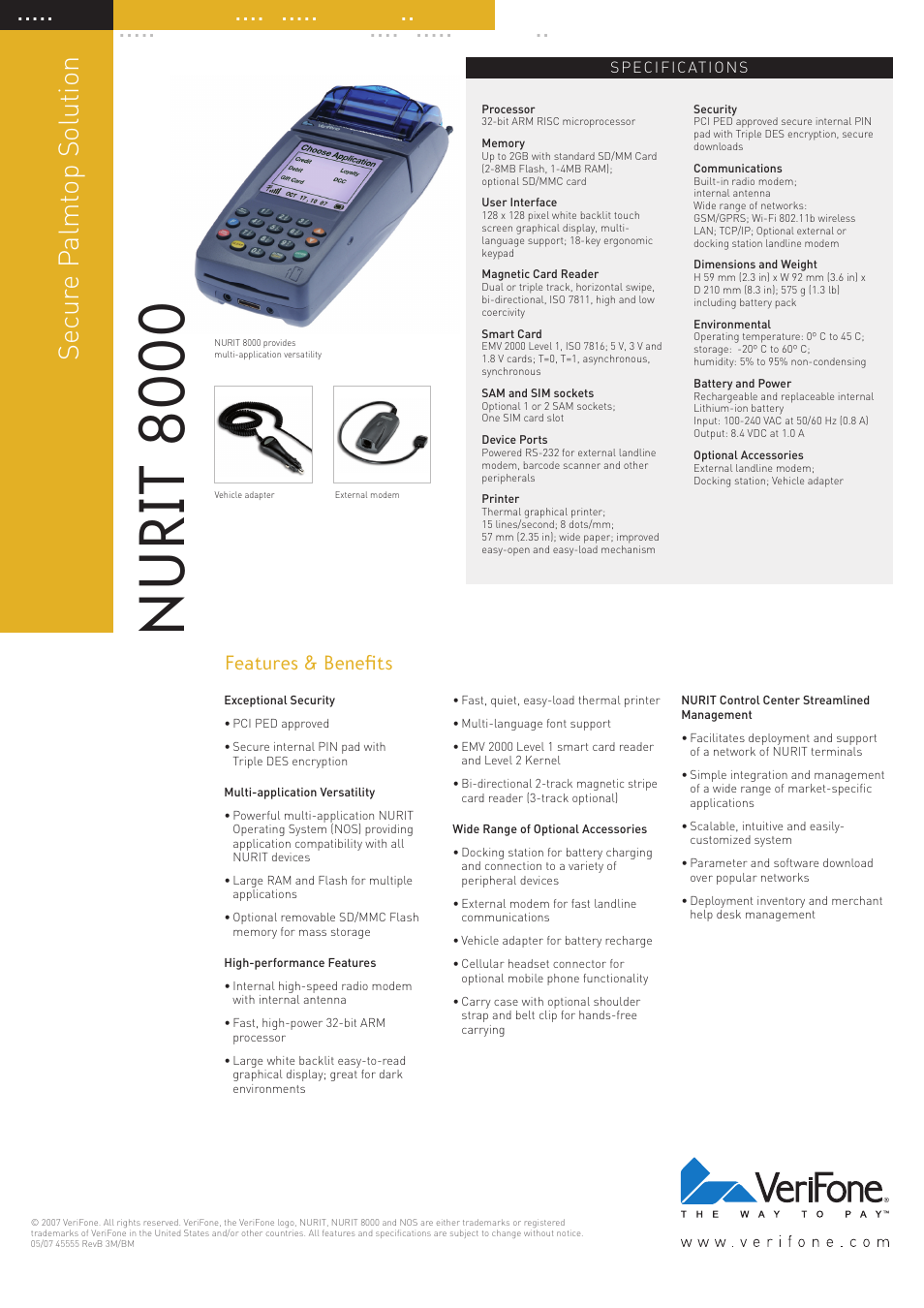 Nurit 8000, Secur e p almt op solution, Features & benefits | VeriFone NURIT 8000 User Manual | Page 2 / 2