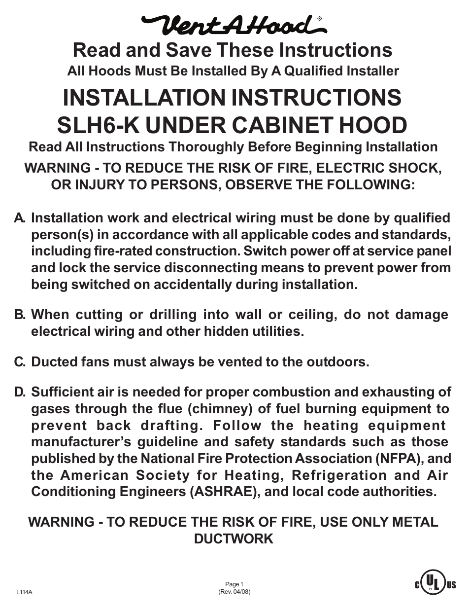 Vent-a-Hood SLH6-K User Manual | 5 pages