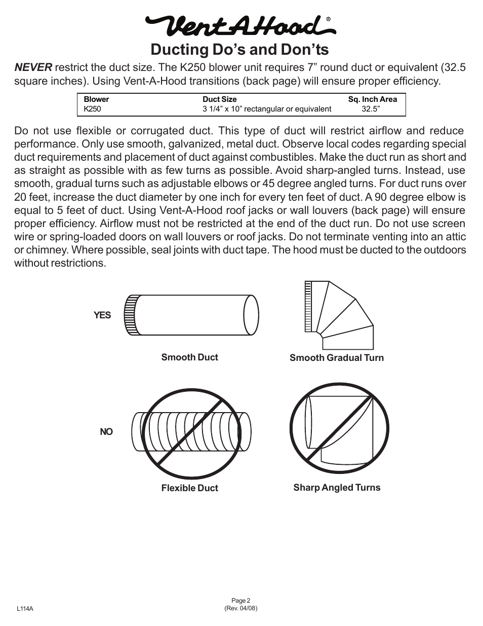 Ducting do’s and don’ts | Vent-a-Hood SLH6-K User Manual | Page 2 / 5