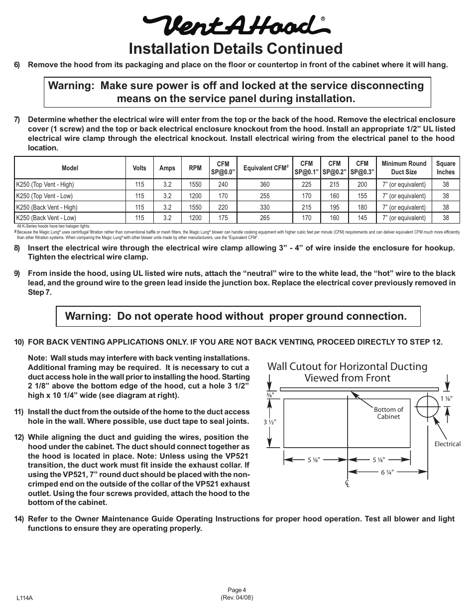 Installation details continued | Vent-a-Hood SLH6-K User Manual | Page 4 / 5