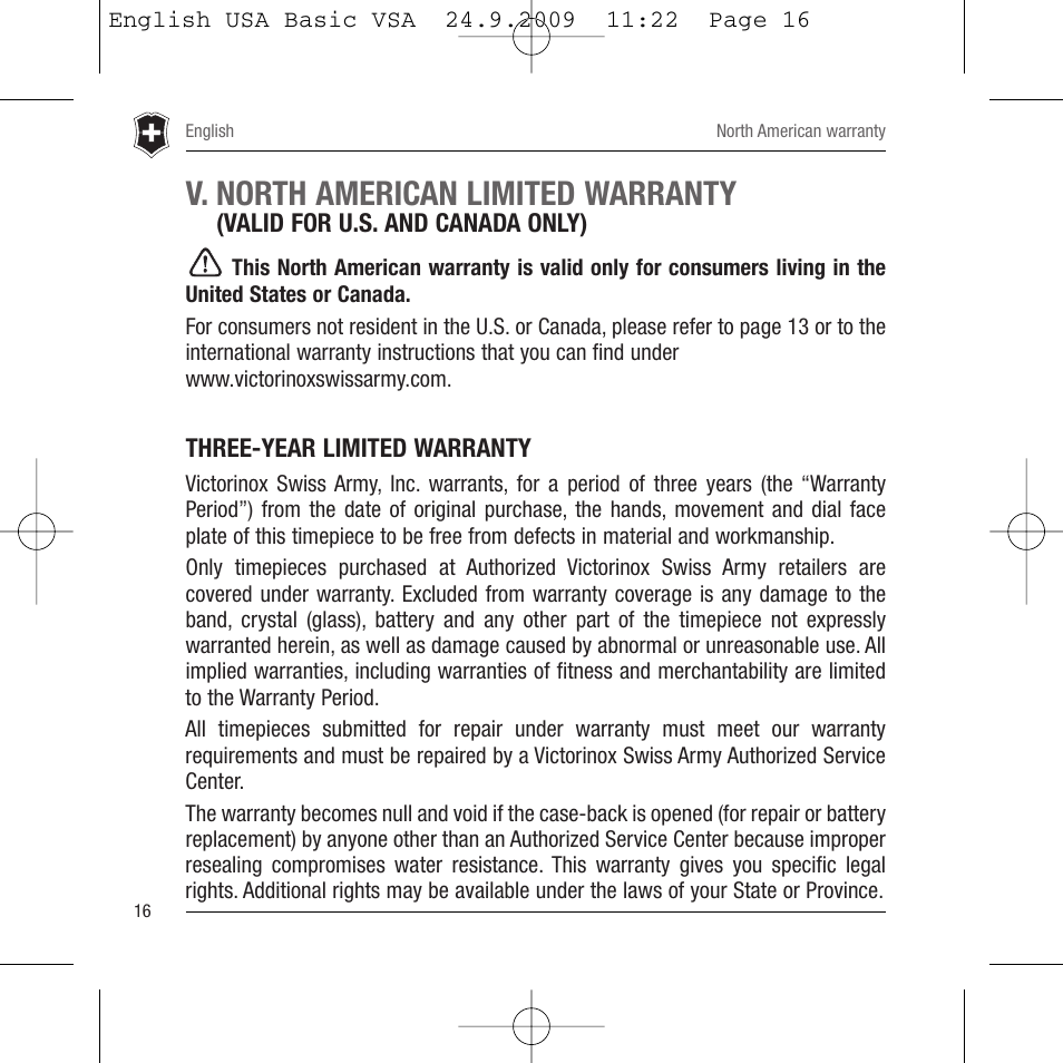 V. north american limited warranty v | Victorinox Dive Master 241356 User Manual | Page 17 / 36