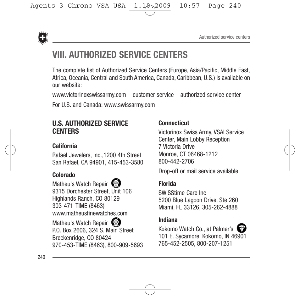 Viii. authorized service centers | Victorinox Dive Master 500M User Manual | Page 32 / 45