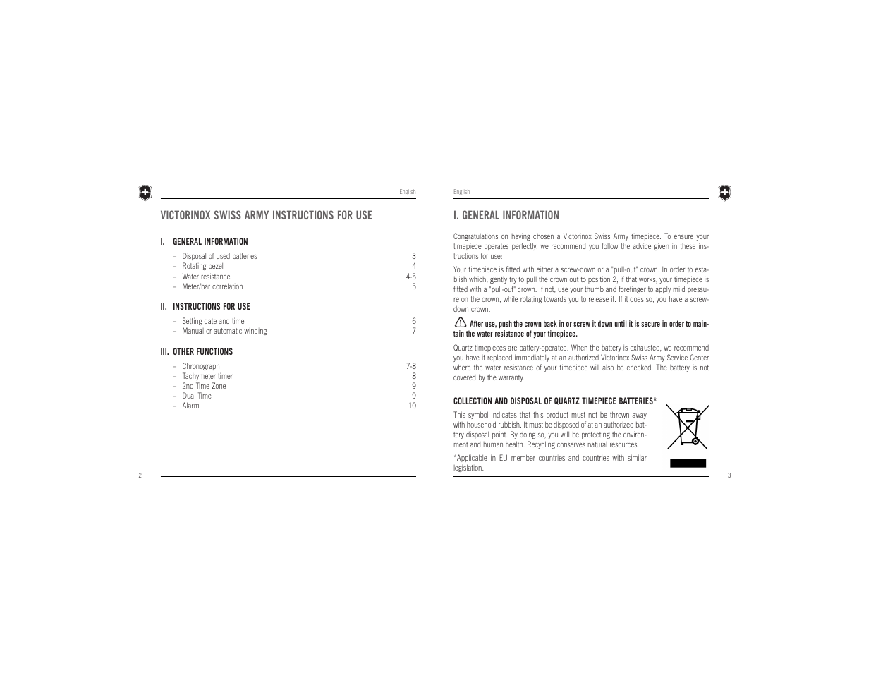 I. general information, Victorinox swiss army instructions for use | Victorinox Swiss Army Timepiece User Manual | Page 2 / 16