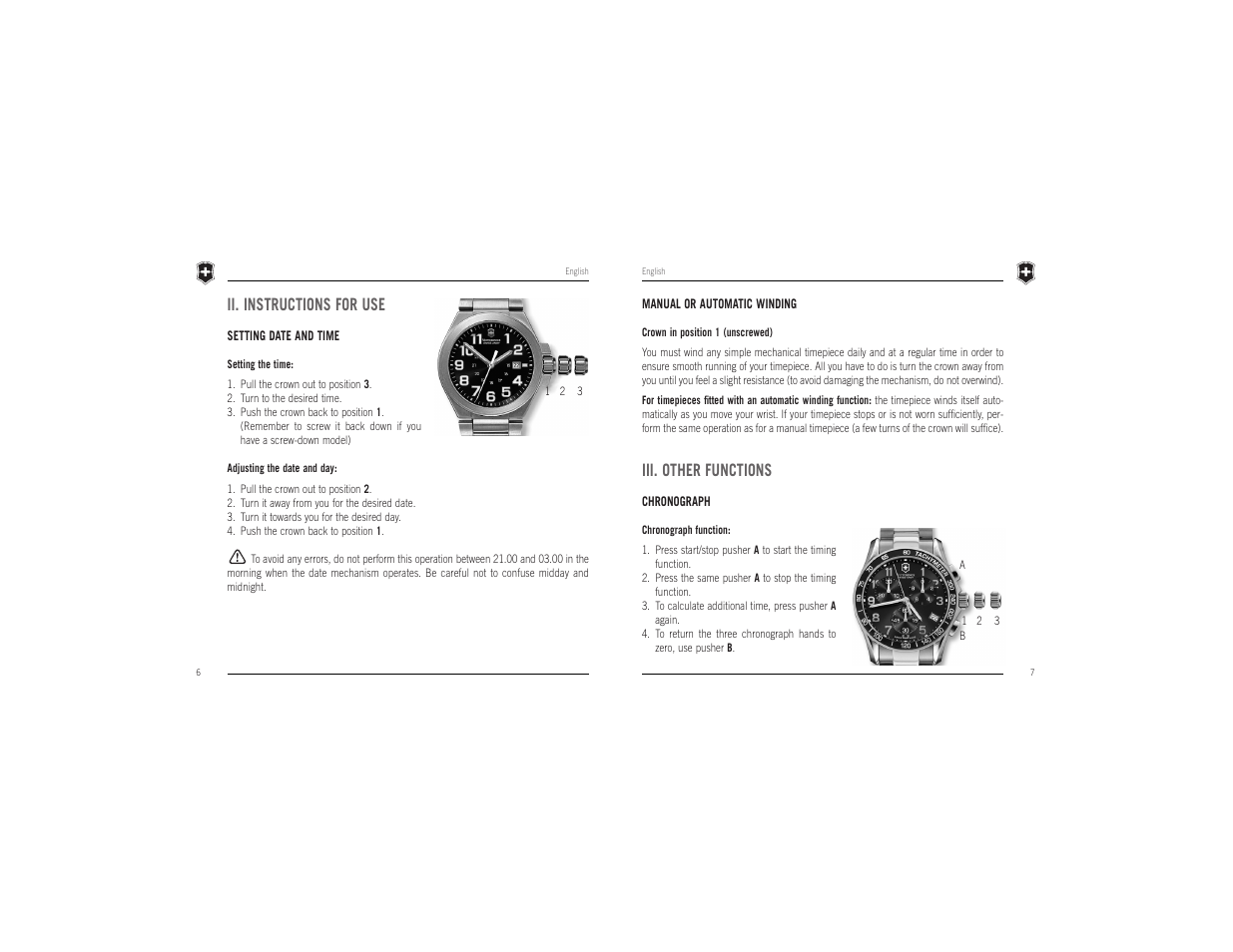 Iii. other functions, Ii. instructions for use | Victorinox Swiss Army Timepiece User Manual | Page 4 / 16
