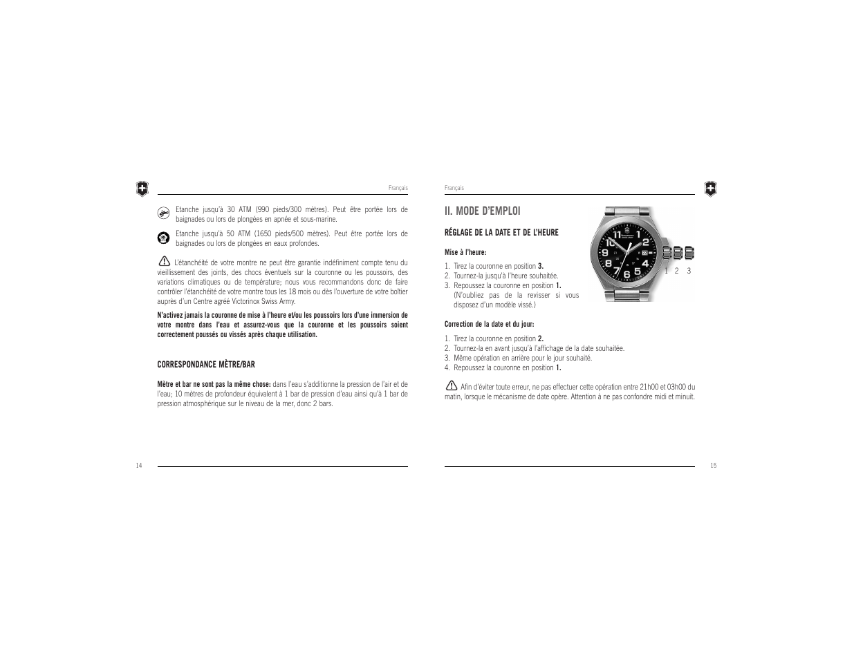 Ii. mode d’emploi | Victorinox Swiss Army Timepiece User Manual | Page 8 / 16