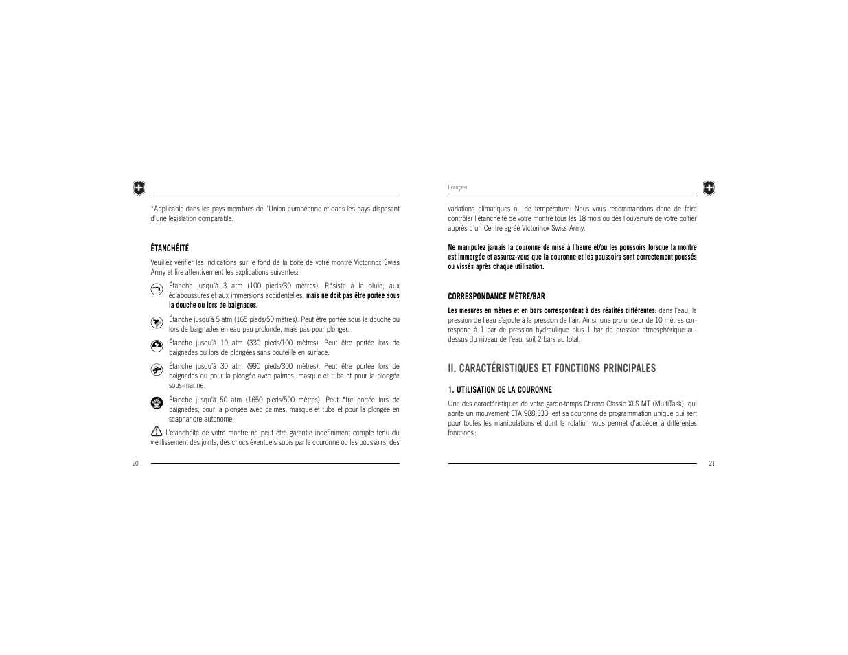 Ii. caractéristiques et fonctions principales | Victorinox Chrono Classic XLS MT User Manual | Page 12 / 29