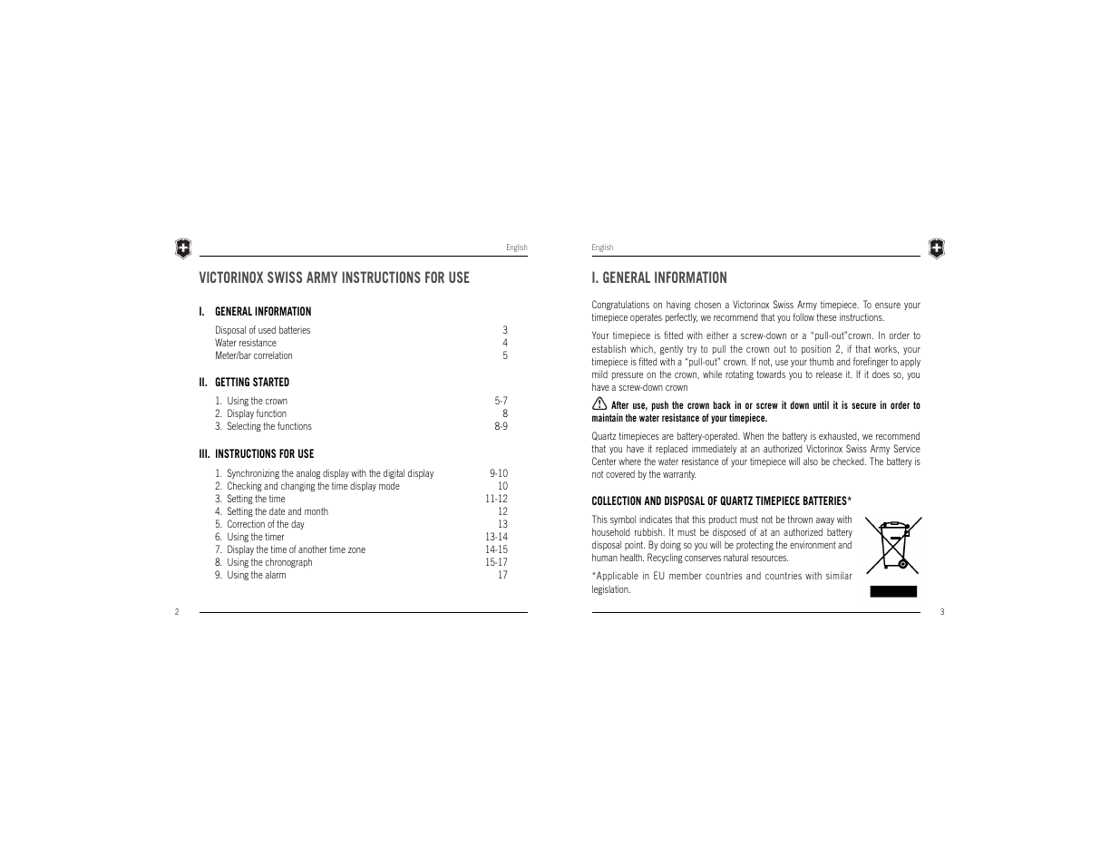 I. general information, Victorinox swiss army instructions for use | Victorinox Chrono Classic XLS MT User Manual | Page 3 / 29