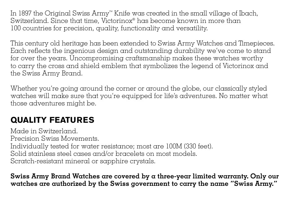 Quality features | Victorinox CHRONOGRAPHS Watch User Manual | Page 2 / 66