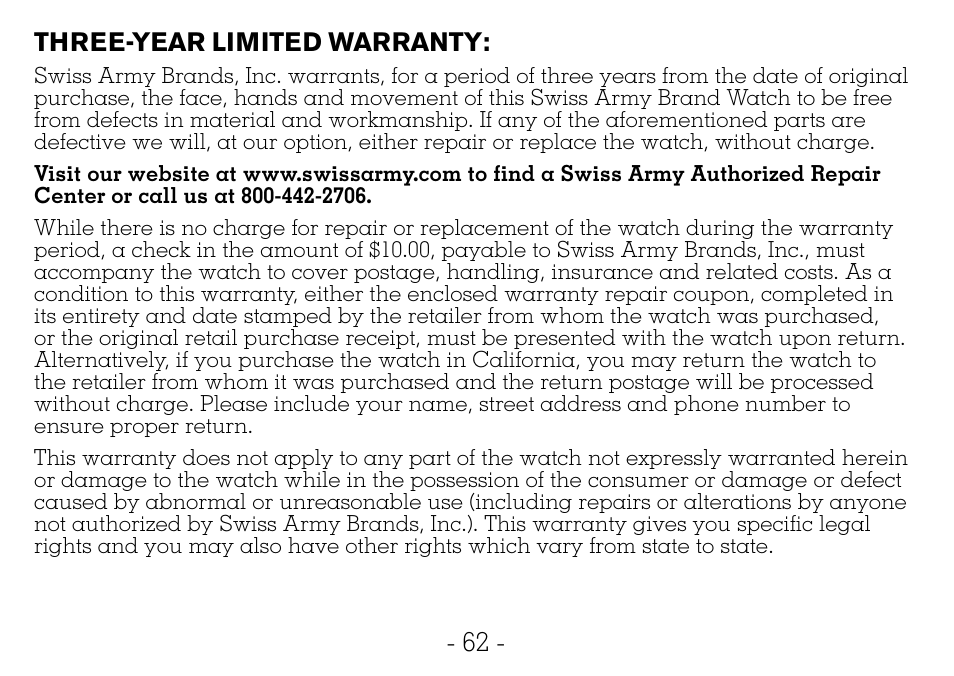 Victorinox CHRONOGRAPHS Watch User Manual | Page 63 / 66