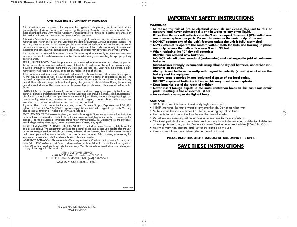 Important safety instructions, Save these instructions | Vector SPORT LANTERN VEC1197 User Manual | Page 2 / 4