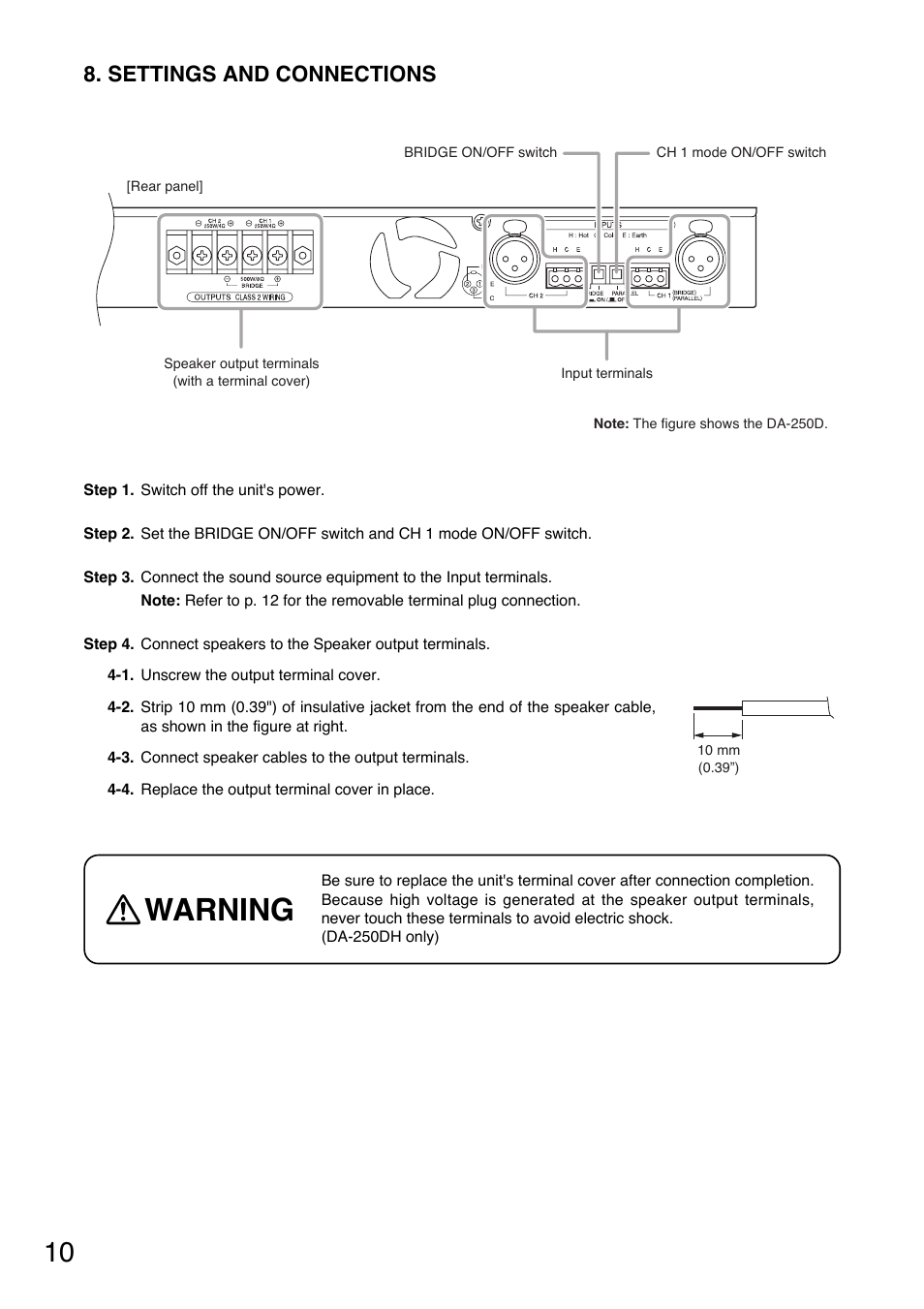 Warning, Settings and connections | Vector DA-250DH CU User Manual | Page 10 / 20