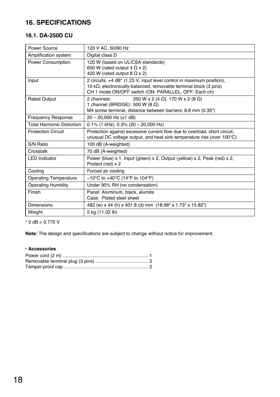 Specifications | Vector DA-250DH CU User Manual | Page 18 / 20