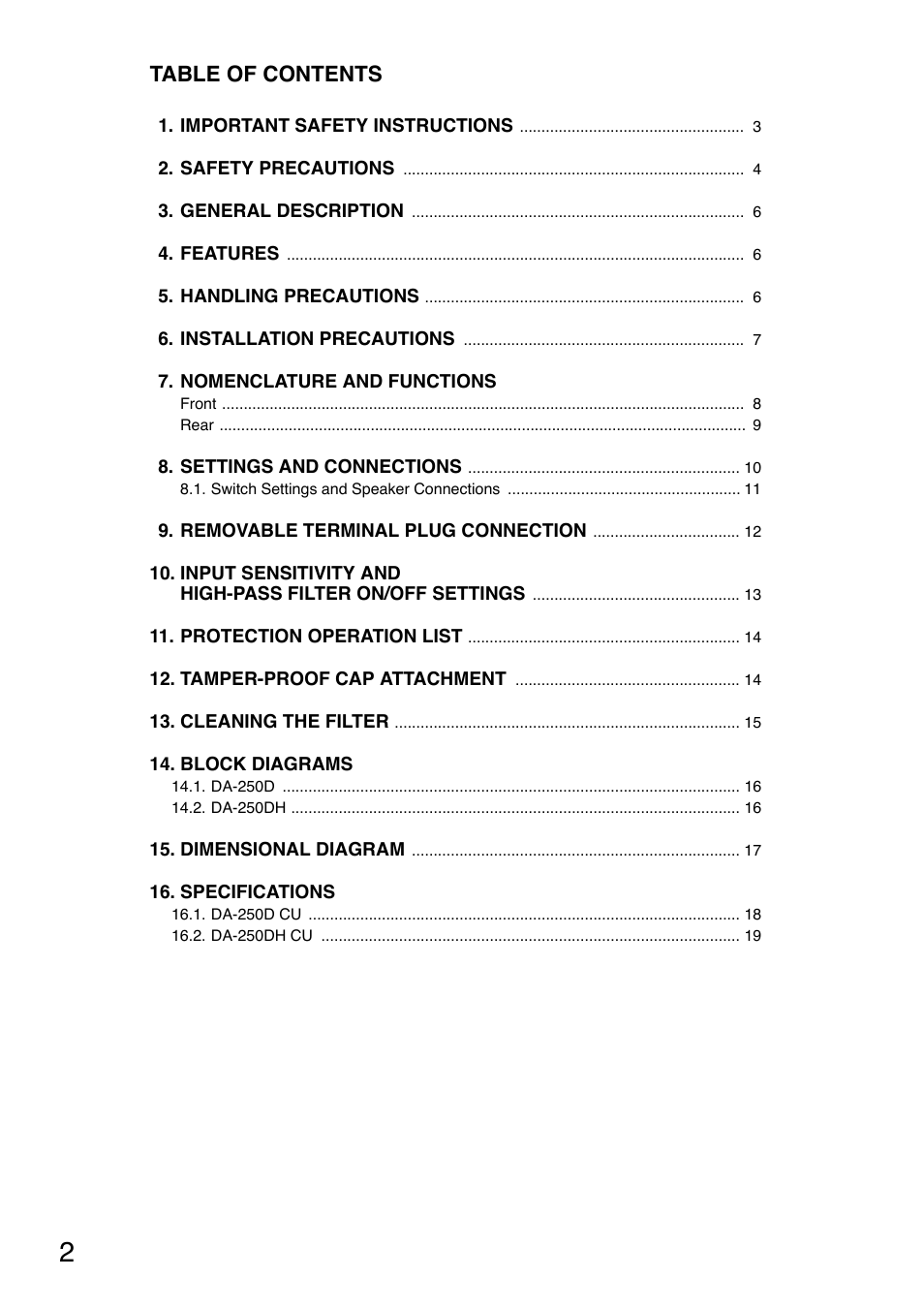 Vector DA-250DH CU User Manual | Page 2 / 20