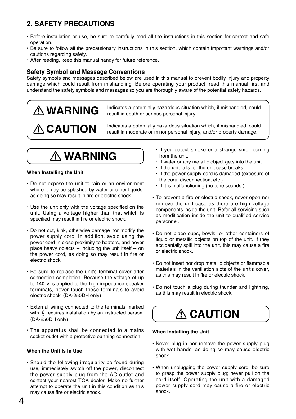 Warning, Warning caution caution, Safety precautions | Vector DA-250DH CU User Manual | Page 4 / 20