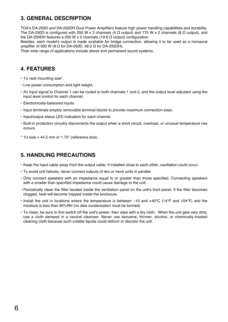 General description, Features, Handling precautions | Vector DA-250DH CU User Manual | Page 6 / 20