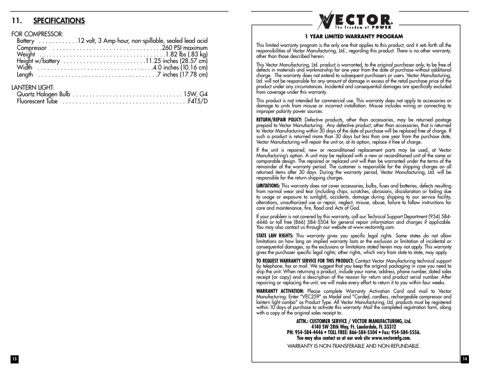 Specifications | Vector AIRPRO VEC259 User Manual | Page 8 / 8