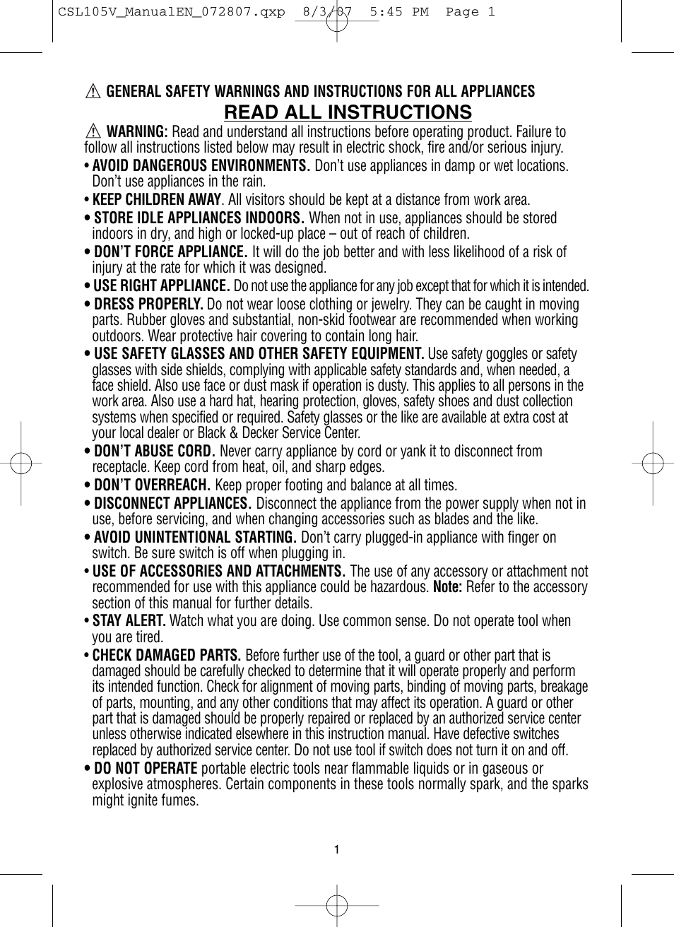 Read all instructions | Vector SPORTSPOT CSL105V User Manual | Page 2 / 7
