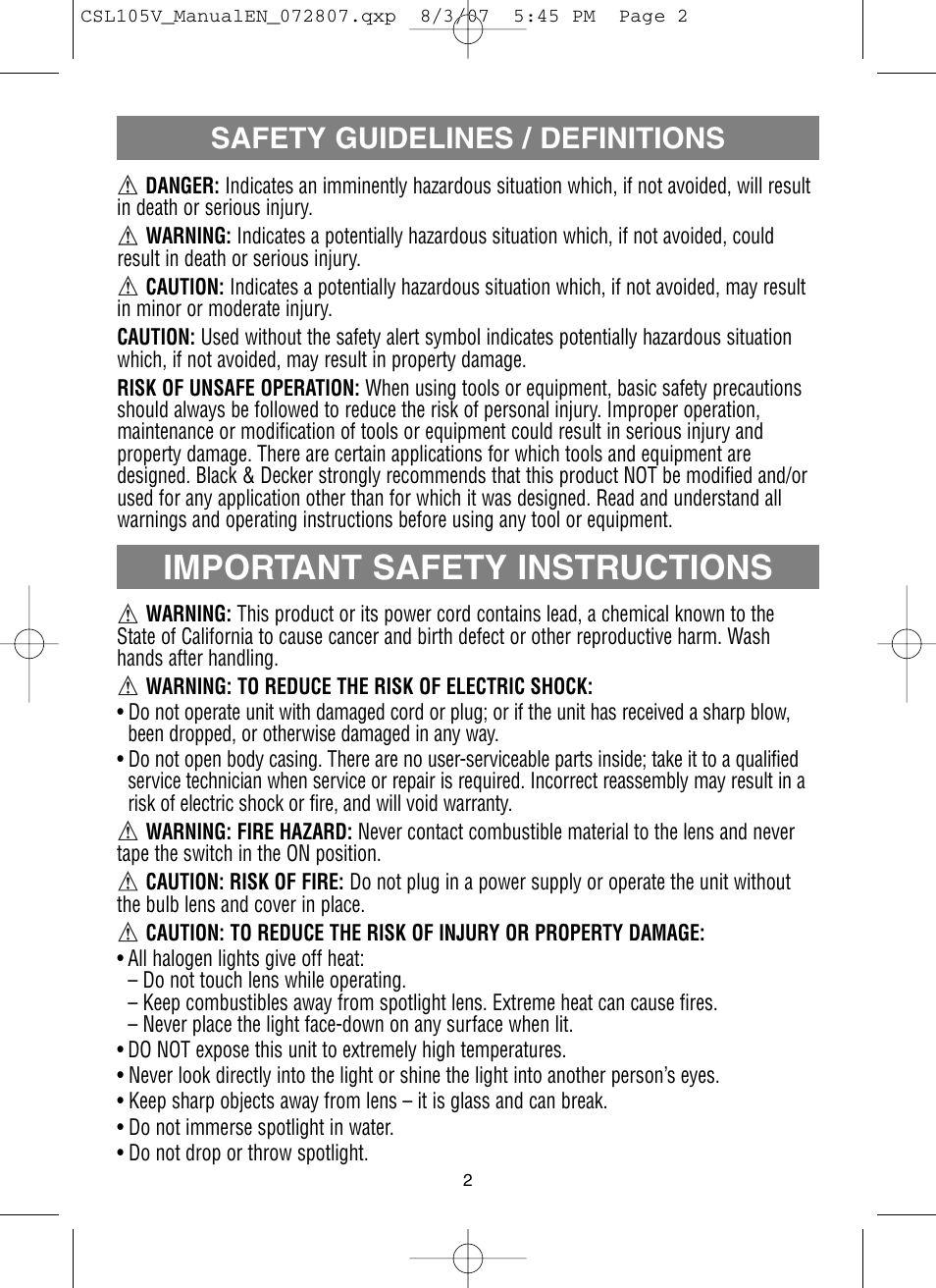 Important safety instructions, Safety guidelines / definitions | Vector SPORTSPOT CSL105V User Manual | Page 3 / 7