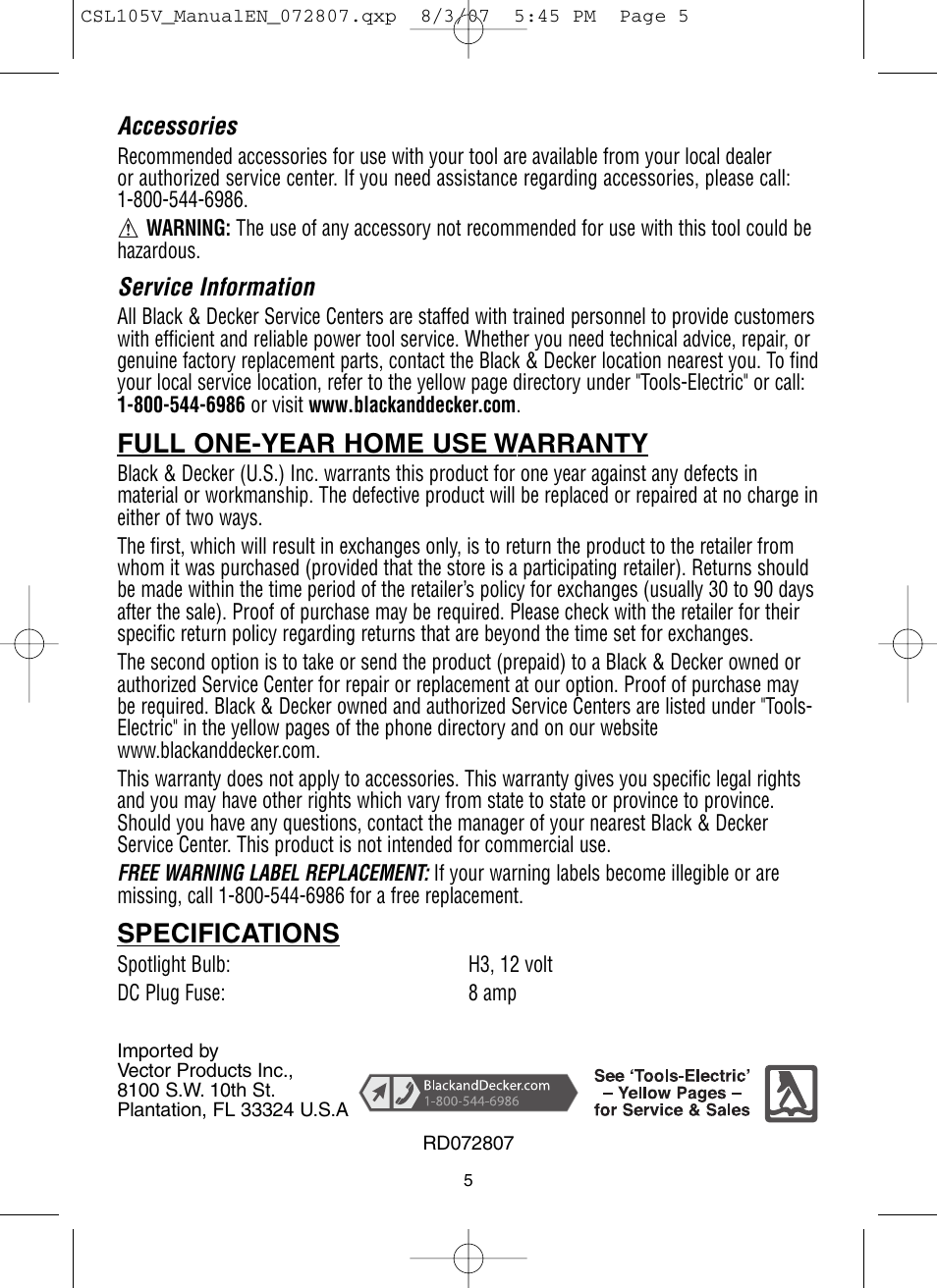 Full one-year home use warranty, Specifications | Vector SPORTSPOT CSL105V User Manual | Page 6 / 7